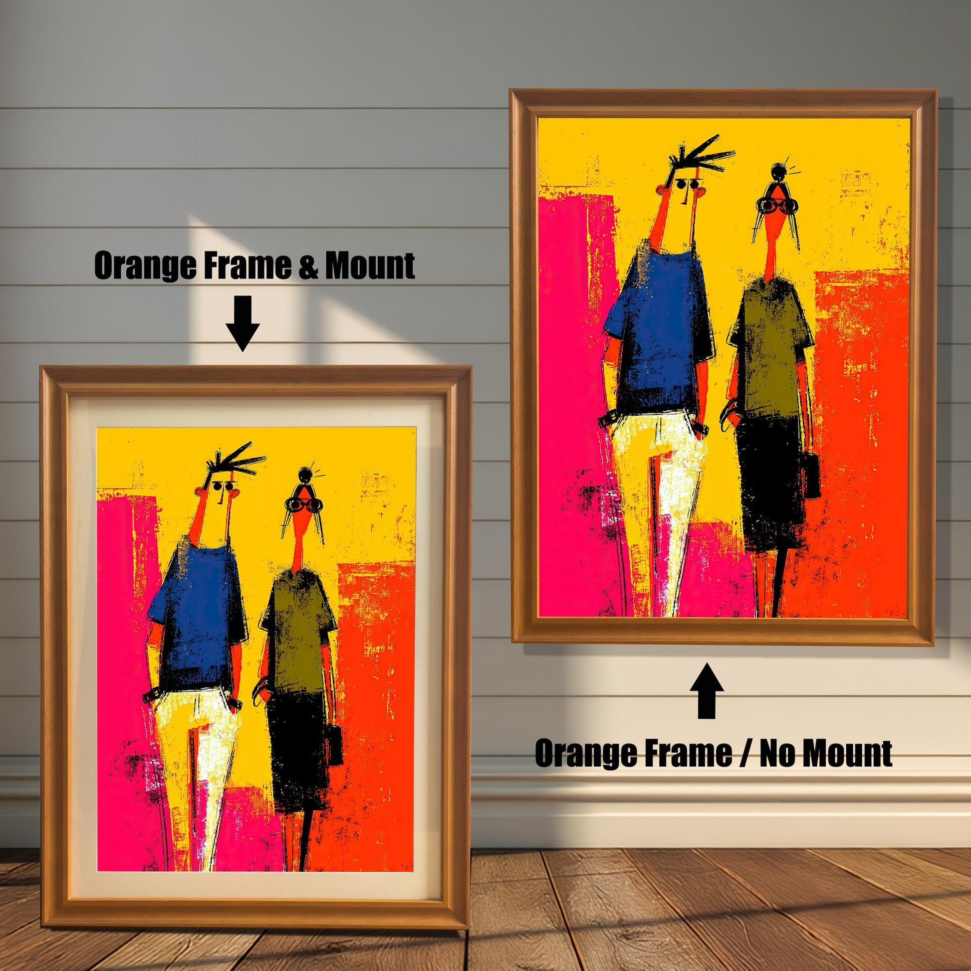 Comparison of two Orange Frame options: Left is a framed abstract art print with a Mount (matting), and right is the same print in an Orange Frame with No Mount.