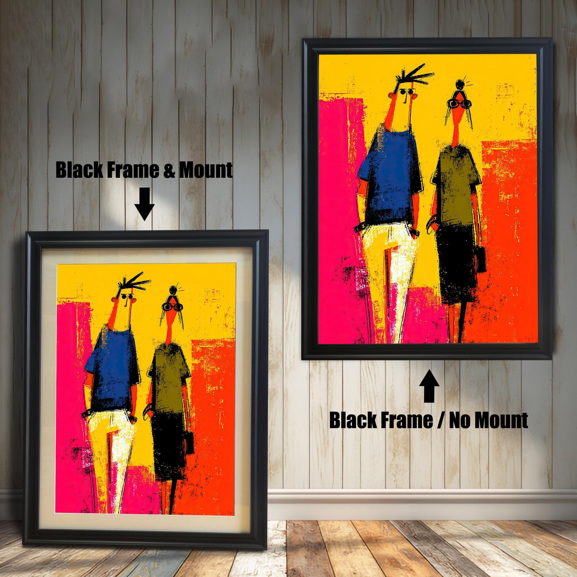 Comparison of two Black Frame options: Left is a framed abstract art print with a Mount (matting), and right is the same print in a Black Frame with No Mount.