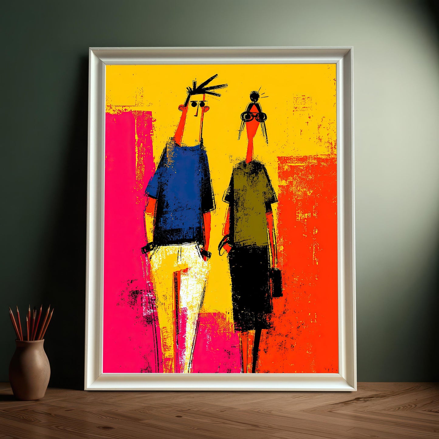 Abstract print of two stylized figures with bright colors like yellow, pink, blue, and orange, displayed in a White Frame without a mount. The framed art is sitting on a wooden surface against a dark teal wall next to a terracotta vase holding colored pencils.