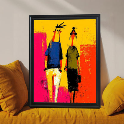 Vibrant abstract print of two stylized figures framed in a Black Frame without a mount. The framed art is resting on a yellow upholstered couch or bench between two large yellow throw pillows.