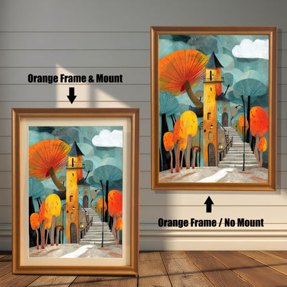 Comparison of two Orange Frame options for the whimsical mushroom house art print: Left shows the print with a Mount (matting), and right shows the print with No Mount.