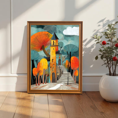 Whimsical art print of a mushroom house and forest in an Orange/Gold Frame with a mount, standing on a wooden floor against a white paneled wall next to a potted plant.
