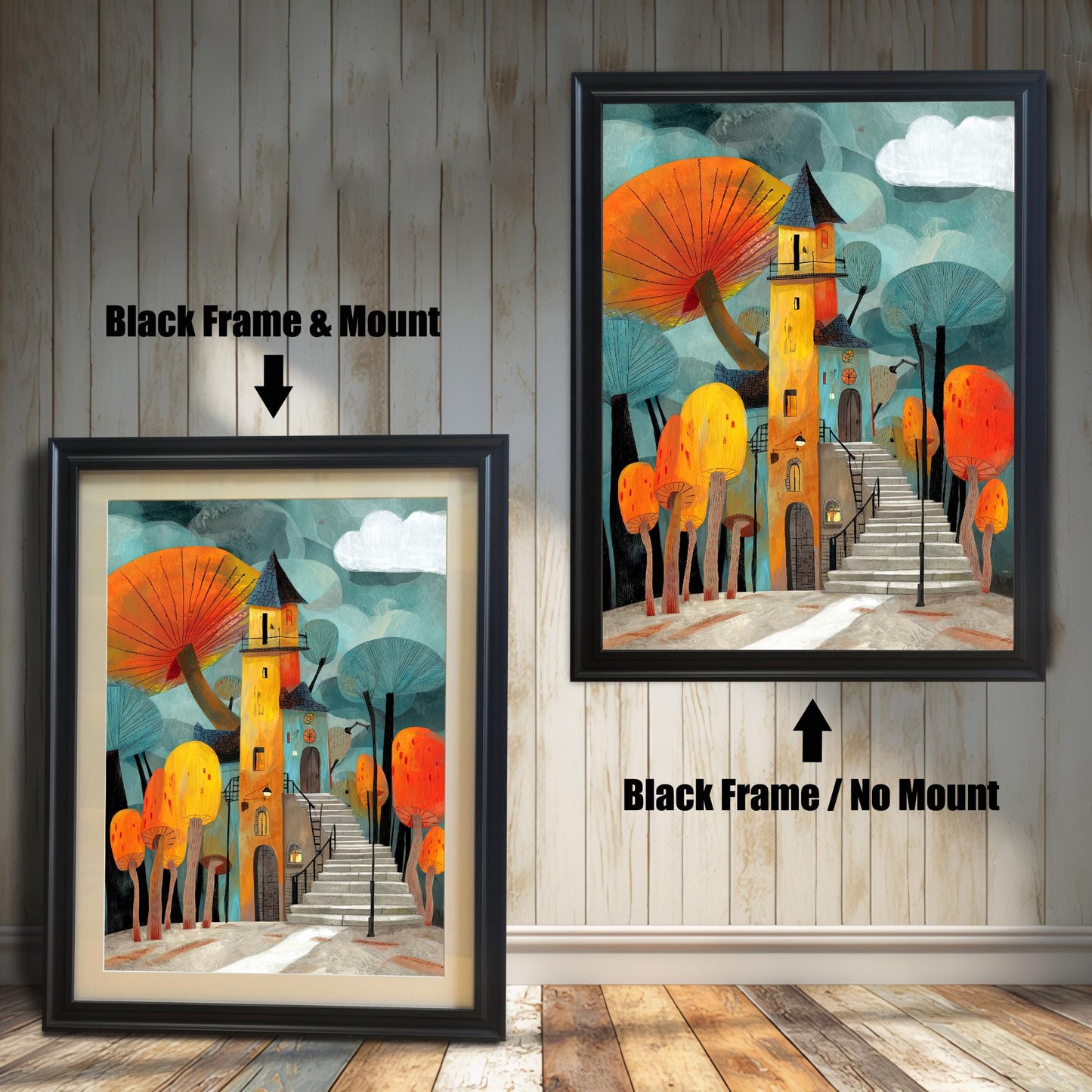 Comparison of two Black Frame options for the whimsical mushroom house art print: Left shows the print with a Mount (matting), and right shows the print with No Mount.