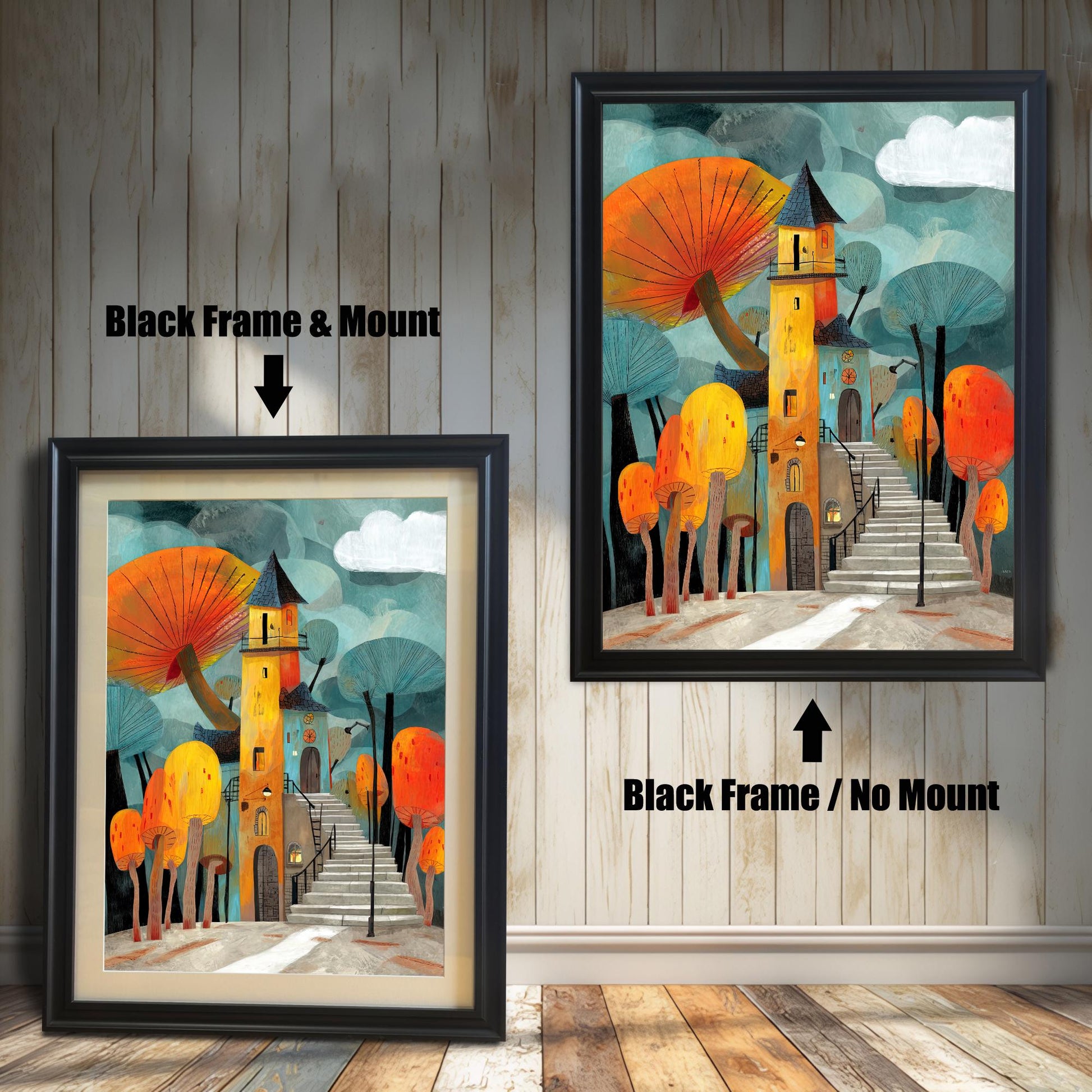 Comparison of two Black Frame options for the whimsical mushroom house art print: Left shows the print with a Mount (matting), and right shows the print with No Mount.