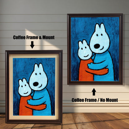 Comparison of a Coffee-colored wood frame with a cream mount (mat) on the left, and a Coffee-colored wood frame without a mount on the right, both featuring the print of two hugging cartoon animals.