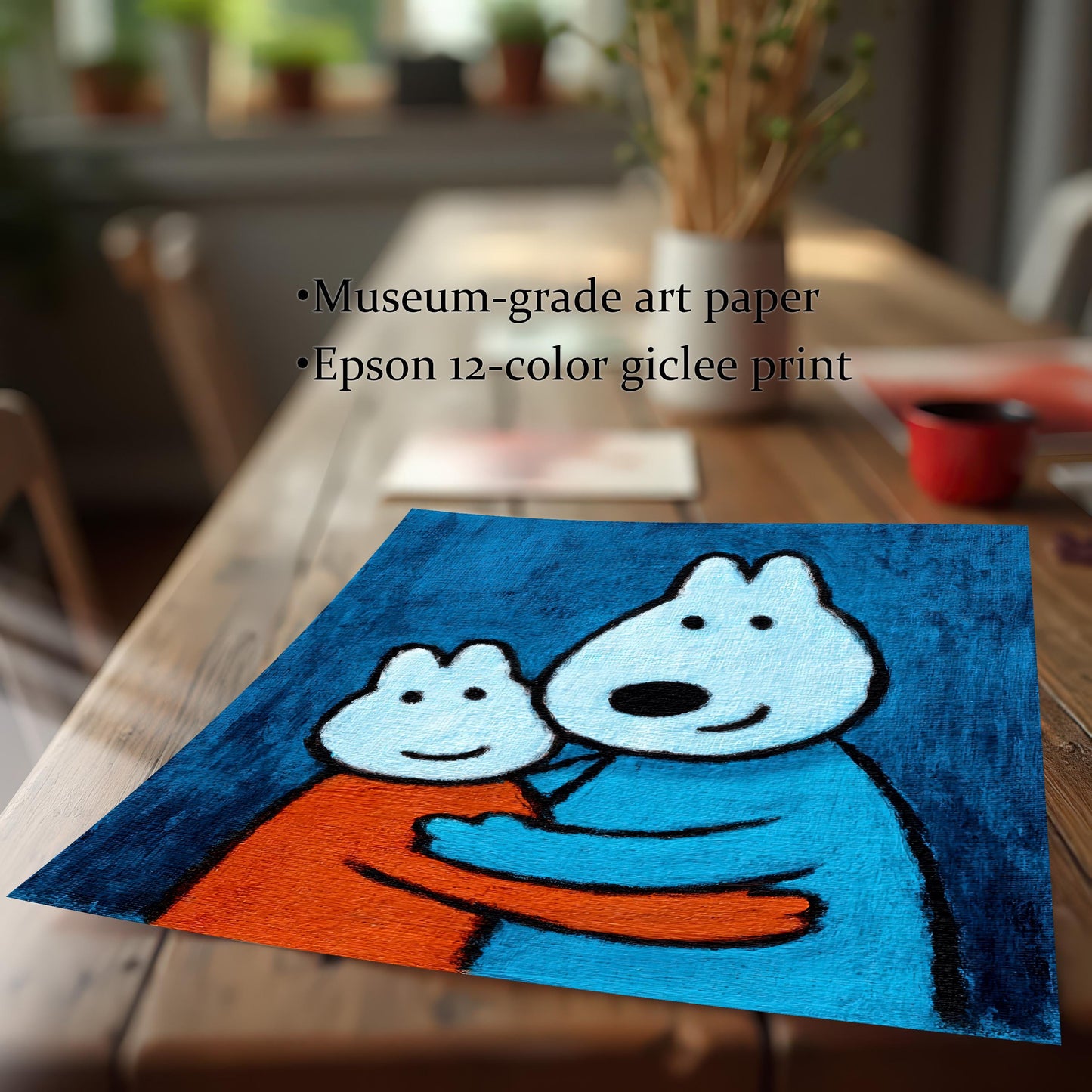A loose art print without a frame placed on a wooden table. Text highlights the print quality: "Museum-grade art paper" and "Epson 12-color giclee print."