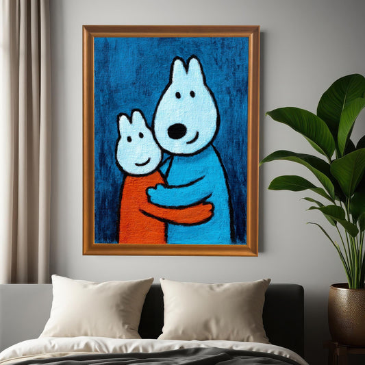 A vertical framed art print in an Orange wood frame without a mount hanging on a gray wall above a bed, next to a tall houseplant.