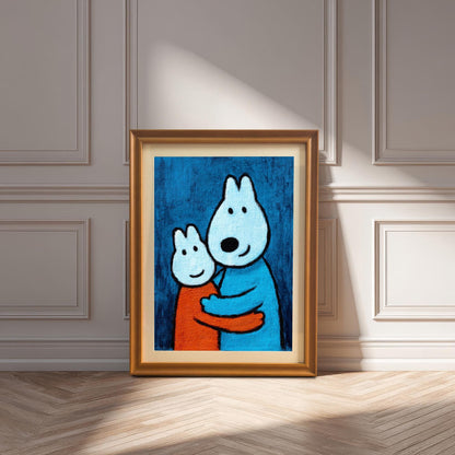 A vertical framed art print in an Orange wood frame with a mount leaning against a wainscoted wall, lit by sunlight.