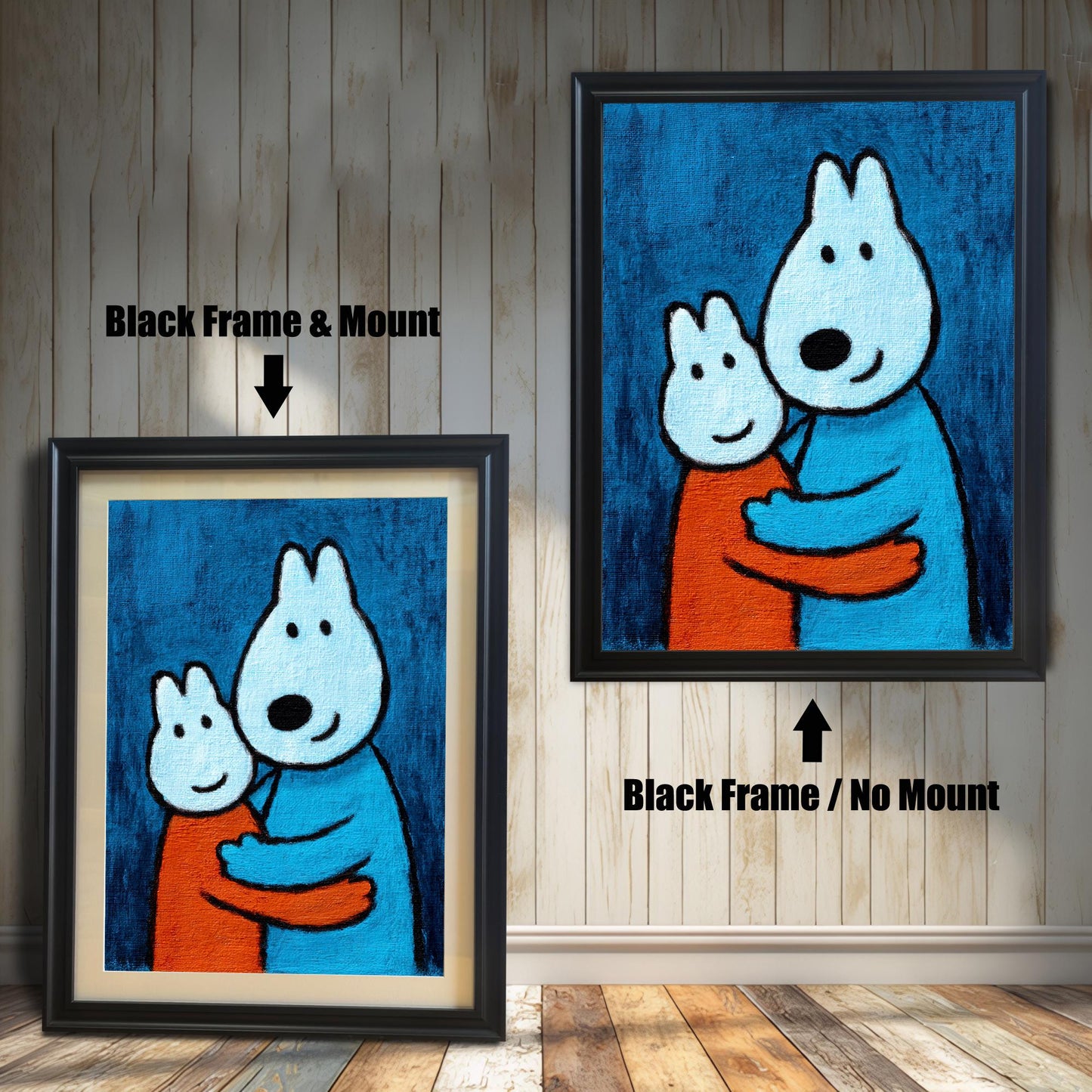 Comparison of a Black wood frame with a cream mount (mat) on the left, and a Black wood frame without a mount on the right, both featuring the print of two hugging cartoon animals.