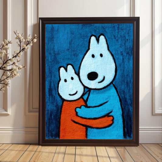 A framed art print in a Coffee-colored wood frame without a mount leaning against a wainscoted wall next to a branch of white blossoms, featuring the print of two hugging cartoon animals.