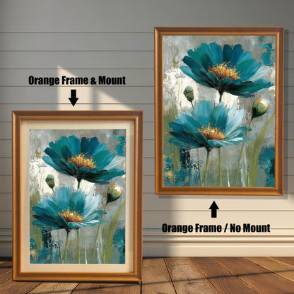 Comparison of an Orange wood frame with a cream mount (mat) on the left, and an Orange wood frame without a mount on the right. Both feature the abstract teal floral print.