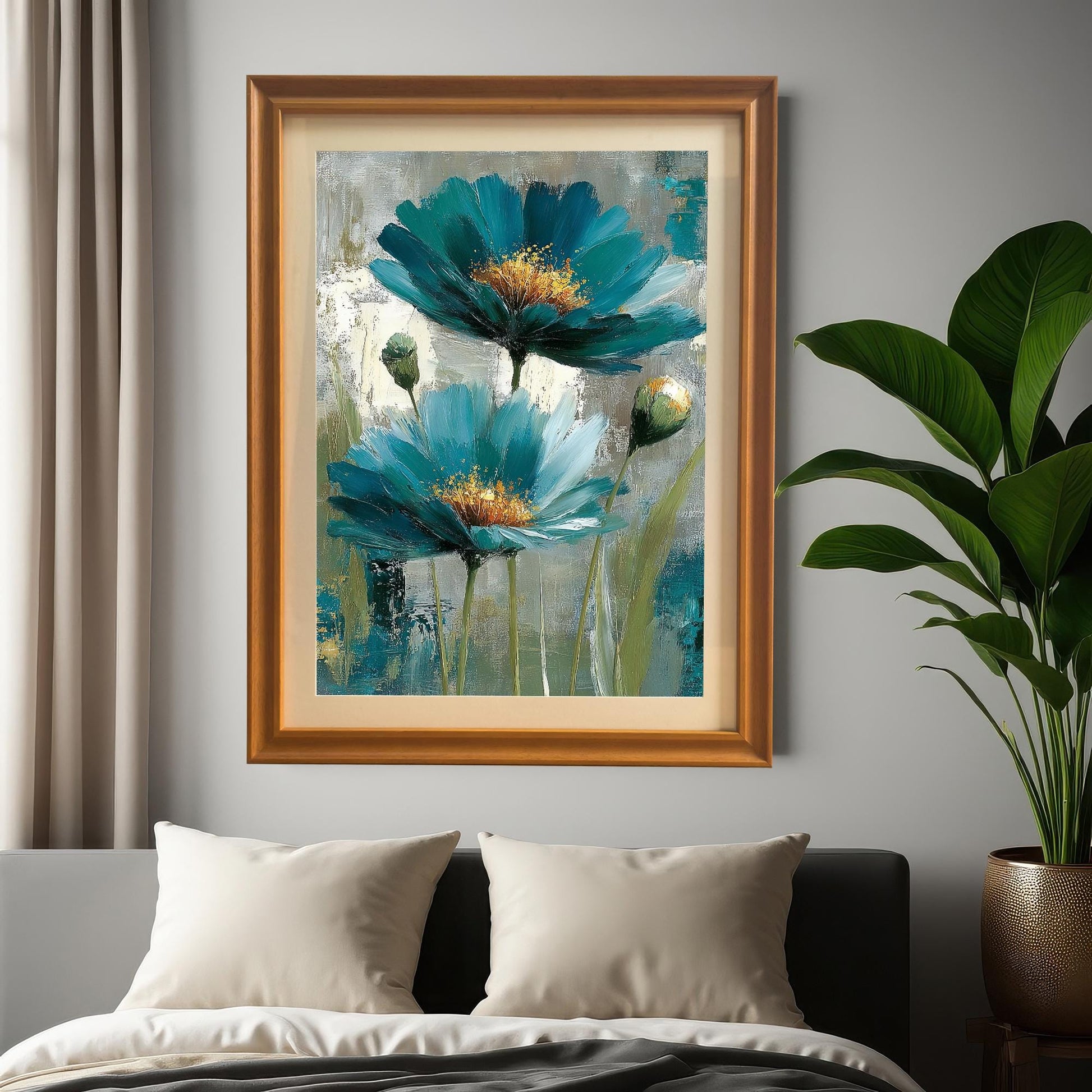 A vertical framed art print in an Orange wood frame with a mount hanging on a gray wall above a bed, next to a tall houseplant. The print features the abstract teal floral painting.