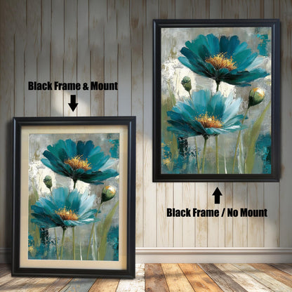 Comparison of a Black wood frame with a cream mount (mat) on the left, and a Black wood frame without a mount on the right. Both feature the abstract teal floral print.