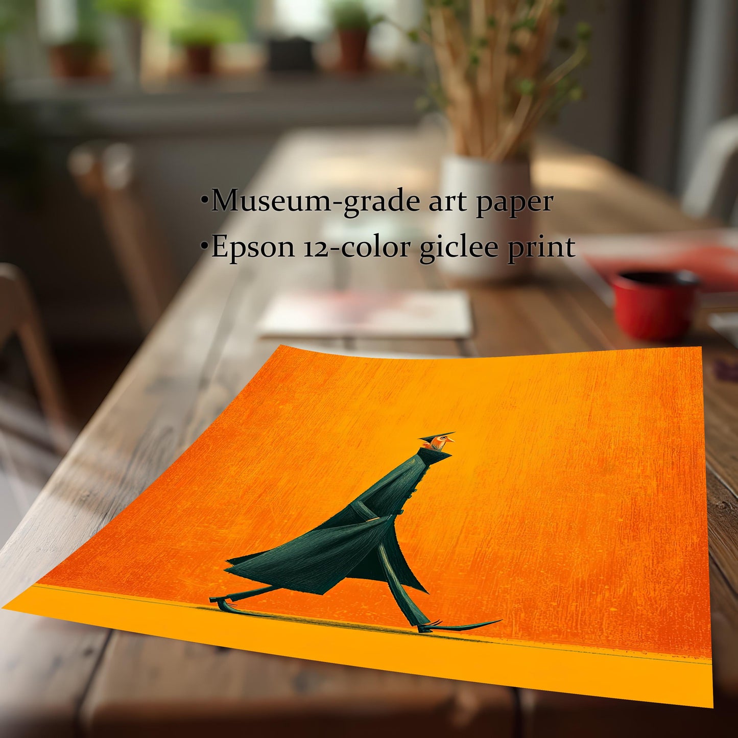 Unframed print of the artwork on a wooden table, emphasizing the print quality: Museum-grade art paper and Epson 12-color giclee print.