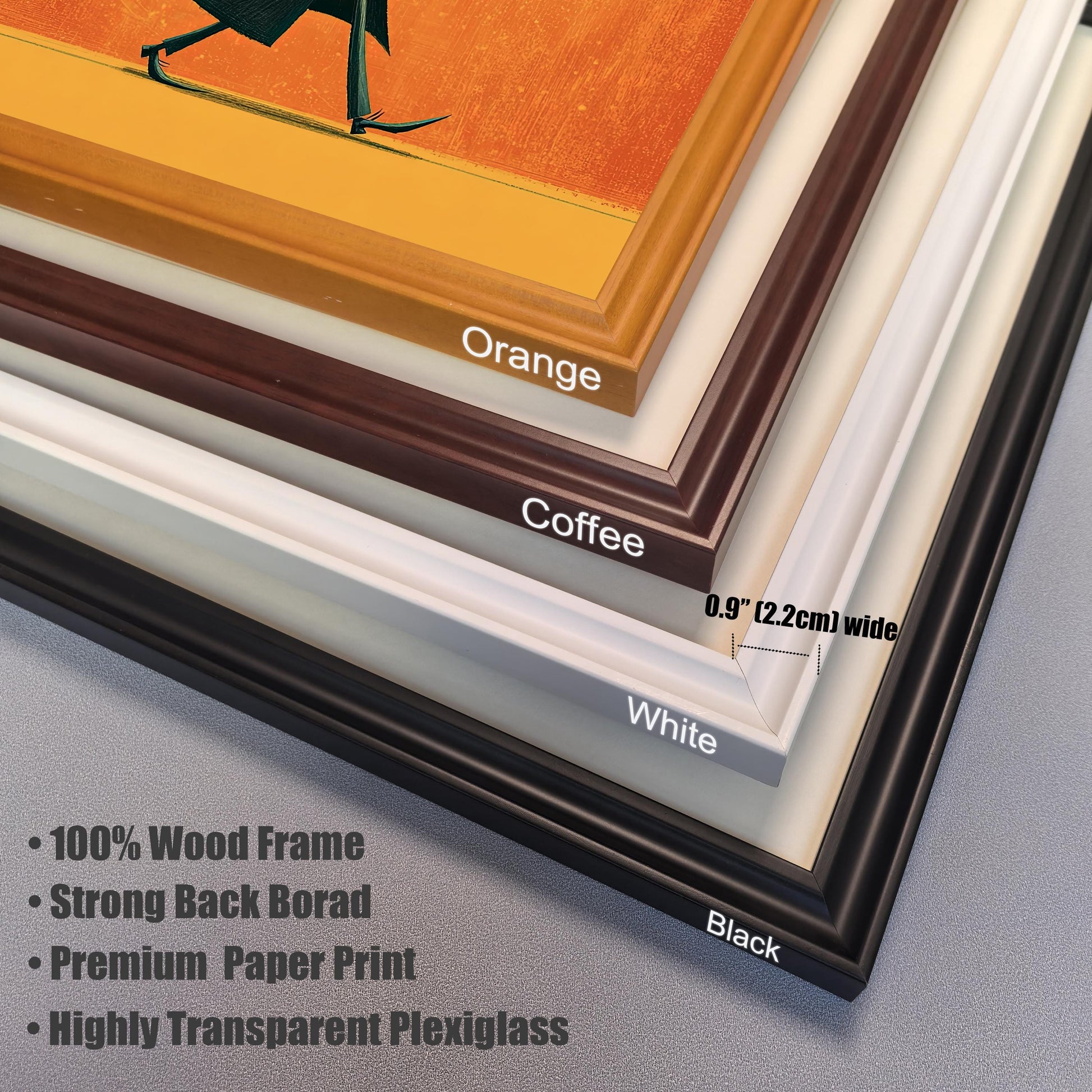 Close-up shot of the four available frame corner colors (Orange, Coffee, White, Black) highlighting the 0.9"" (2.2cm) wide frame profile, and listing material features: 100% Wood Frame, Premium Paper Print, and Highly Transparent Plexiglass.