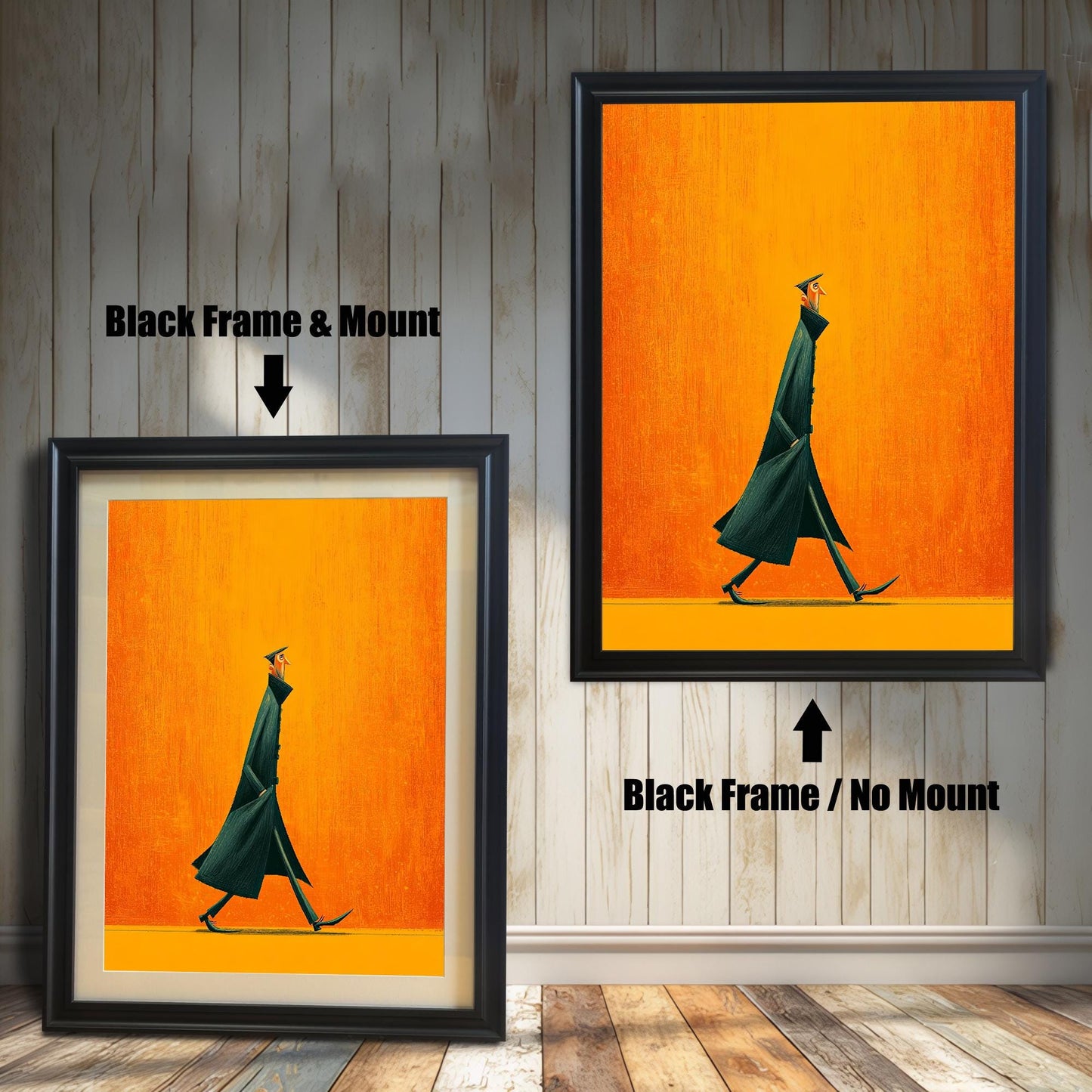 Abstract art print of a figure in a dark coat against an orange background, shown in a Black Frame with a Mount (white border) on the left and a Black Frame with No Mount on the right.