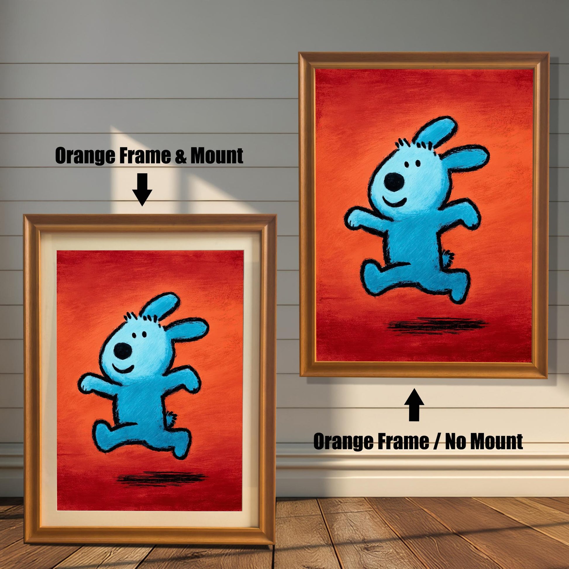 Bright pop art painting of a blue running animal on a red-orange background, shown in two versions with an Orange Frame (or Gold Tone Frame): a framed print with a Mount (matting) on the left, and a framed print with No Mount on the right. Both hang on a wood-paneled wall.