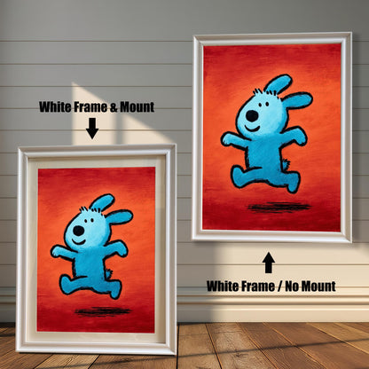 Bright pop art painting of a blue running animal on a red-orange background, shown in two versions with a White Frame: a framed print with a Mount (matting) on the left, and a framed print with No Mount on the right. Both hang on a wood-paneled wall.