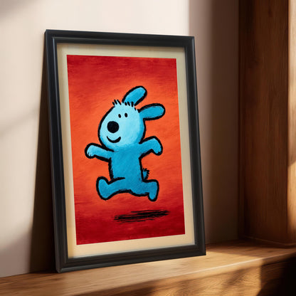 Close-up view of the pop art style painting featuring a blue running animal (like a dog or bunny) on a red-orange background in a Black Frame with a Mount (matting). The framed print is leaning on a wooden ledge in a sunlit window nook.