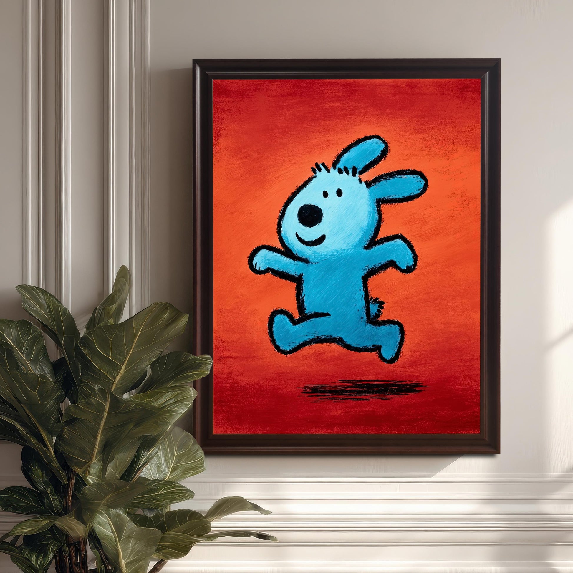 Full view of the pop art style painting featuring a blue running animal on a red-orange background in a Coffee Frame (or dark brown frame, No Mount). The framed print is hanging on a decorative white paneled wall next to a large potted plant.