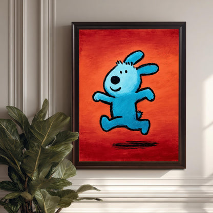Full view of the pop art style painting featuring a blue running animal on a red-orange background in a Coffee Frame (or dark brown frame, No Mount). The framed print is hanging on a decorative white paneled wall next to a large potted plant.