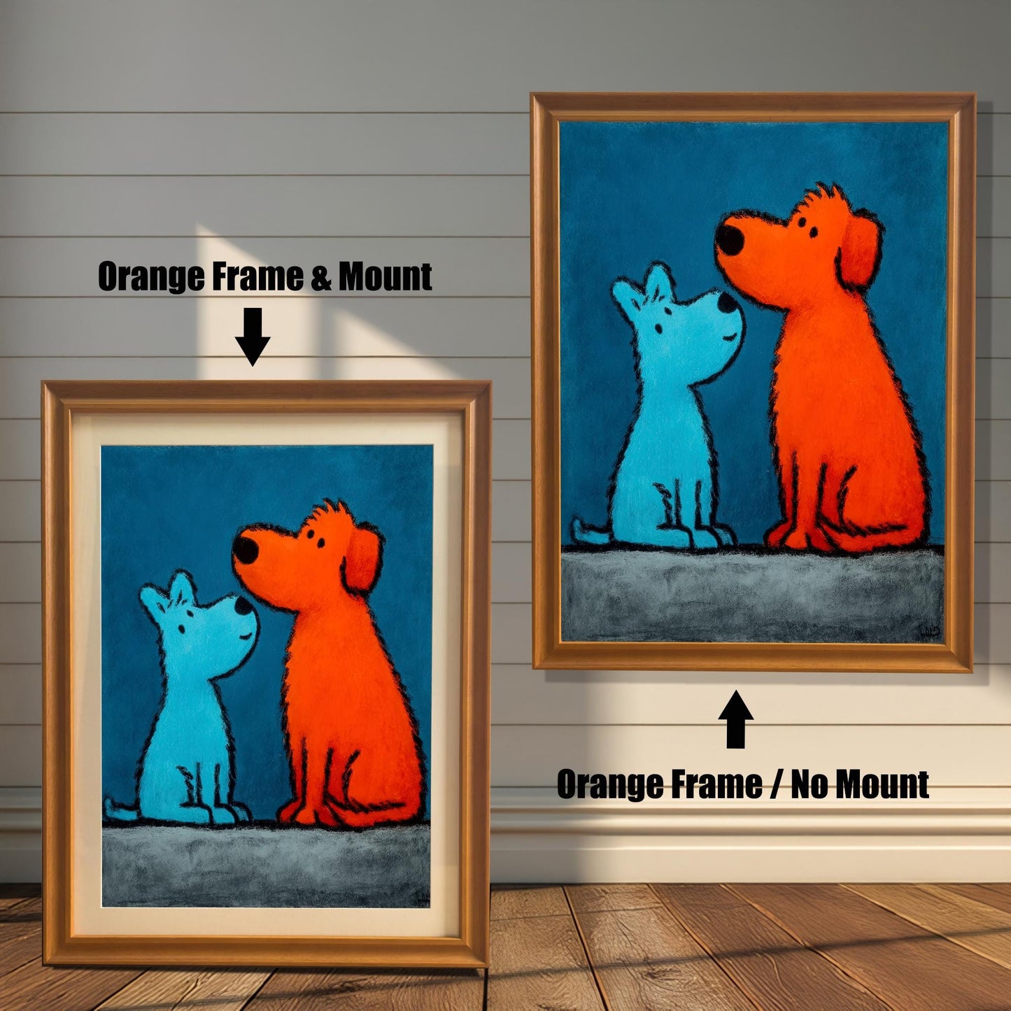 Pop art style painting of a small blue dog and a large orange dog on a blue background, shown in two versions with an Orange Frame (or Gold Tone Frame): a framed print with a Mount (matting) on the left, and a framed print with No Mount on the right. Both hang on a wood-paneled wall.
