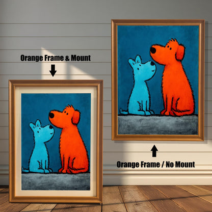 Pop art style painting of a small blue dog and a large orange dog on a blue background, shown in two versions with an Orange Frame (or Gold Tone Frame): a framed print with a Mount (matting) on the left, and a framed print with No Mount on the right. Both hang on a wood-paneled wall.