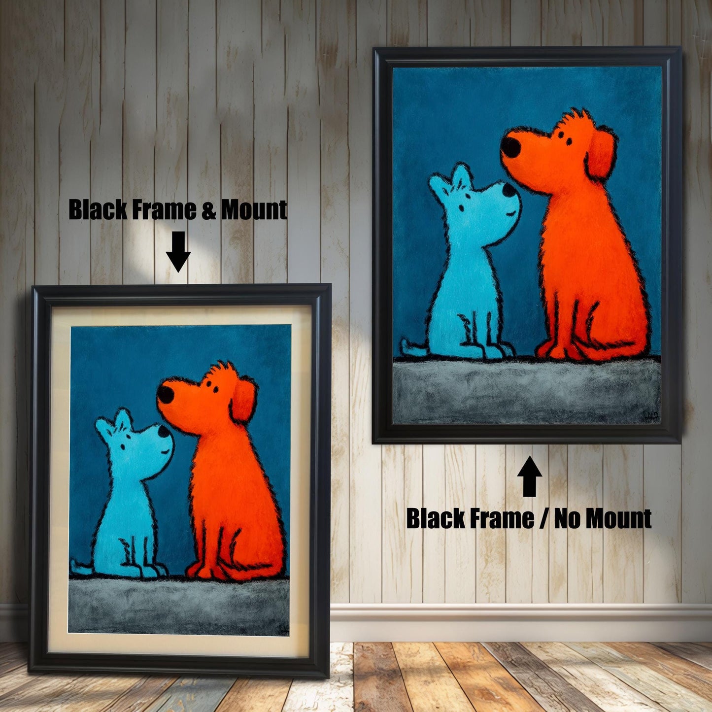 Pop art style painting of a small blue dog and a large orange dog on a blue background, shown in two versions with a Black Frame: a framed print with a Mount (matting) on the left, and a framed print with No Mount on the right. Both hang on a wood-paneled wall.