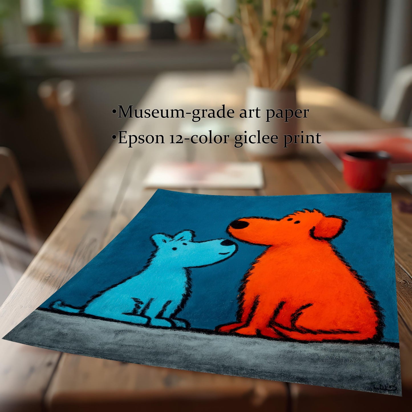 A loose, unframed print of the blue and orange dog art on a wooden table, showcasing the quality. Text highlights: Museum-grade art paper and Epson 12-color giclee print.