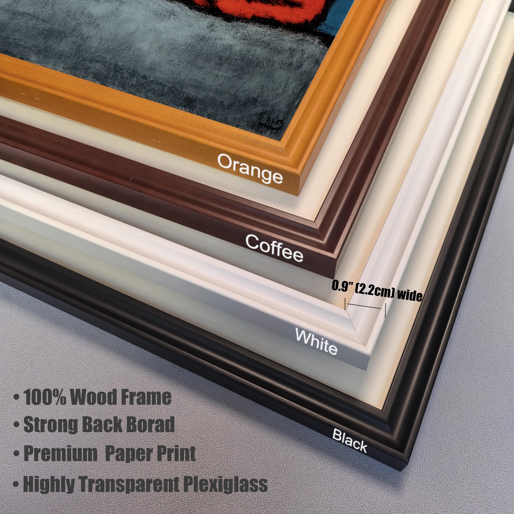 Close-up corner view of the four available frame colors: Orange, Coffee, White, and Black. Text notes: 100% Wood Frame, Premium Paper Print, Highly Transparent Plexiglass, and frame width of 0.9"" (2.2cm).
