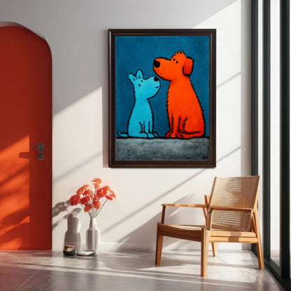 Large framed pop art print of the blue and orange dogs with a Coffee Frame hanging on a white wall in a modern room with an orange arched doorway and a wooden accent chair.