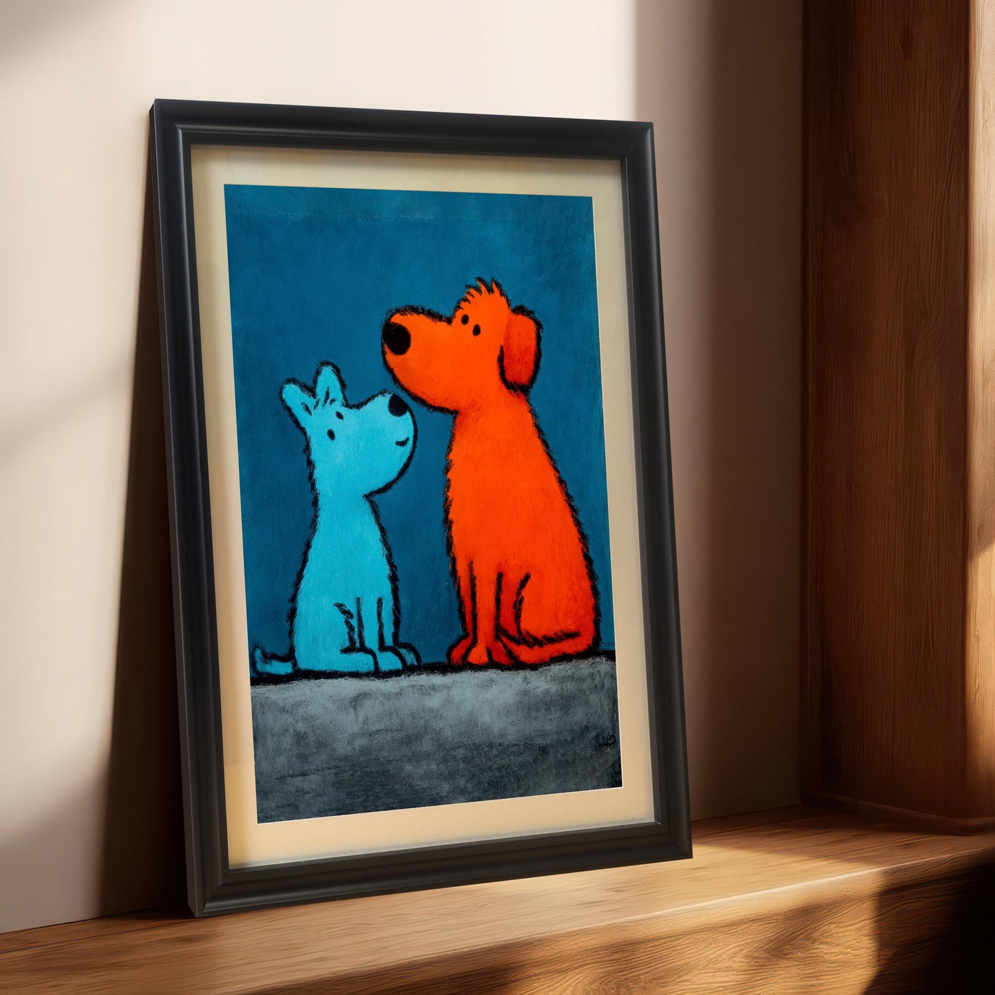 Close-up view of the pop art style painting featuring a small blue dog and a large orange dog in a Black Frame with a Mount (matting). The framed print is leaning on a wooden ledge in a sunlit interior space.