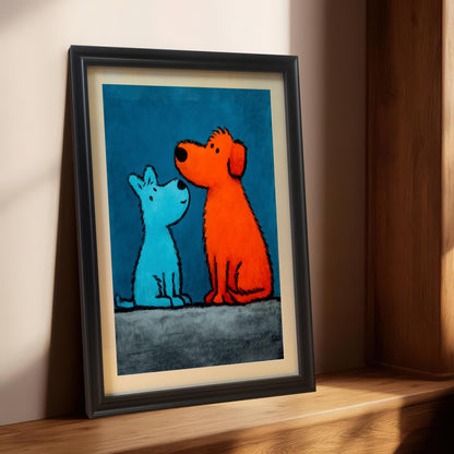 Close-up view of the pop art style painting featuring a small blue dog and a large orange dog in a Black Frame with a Mount (matting). The framed print is leaning on a wooden ledge in a sunlit interior space.