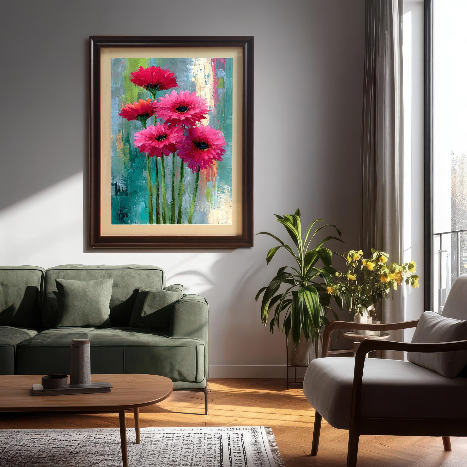 Large framed floral art print with a coffee-colored wood frame hanging above a dark green sofa in a modern, sunlit living room with wood floors and plants.