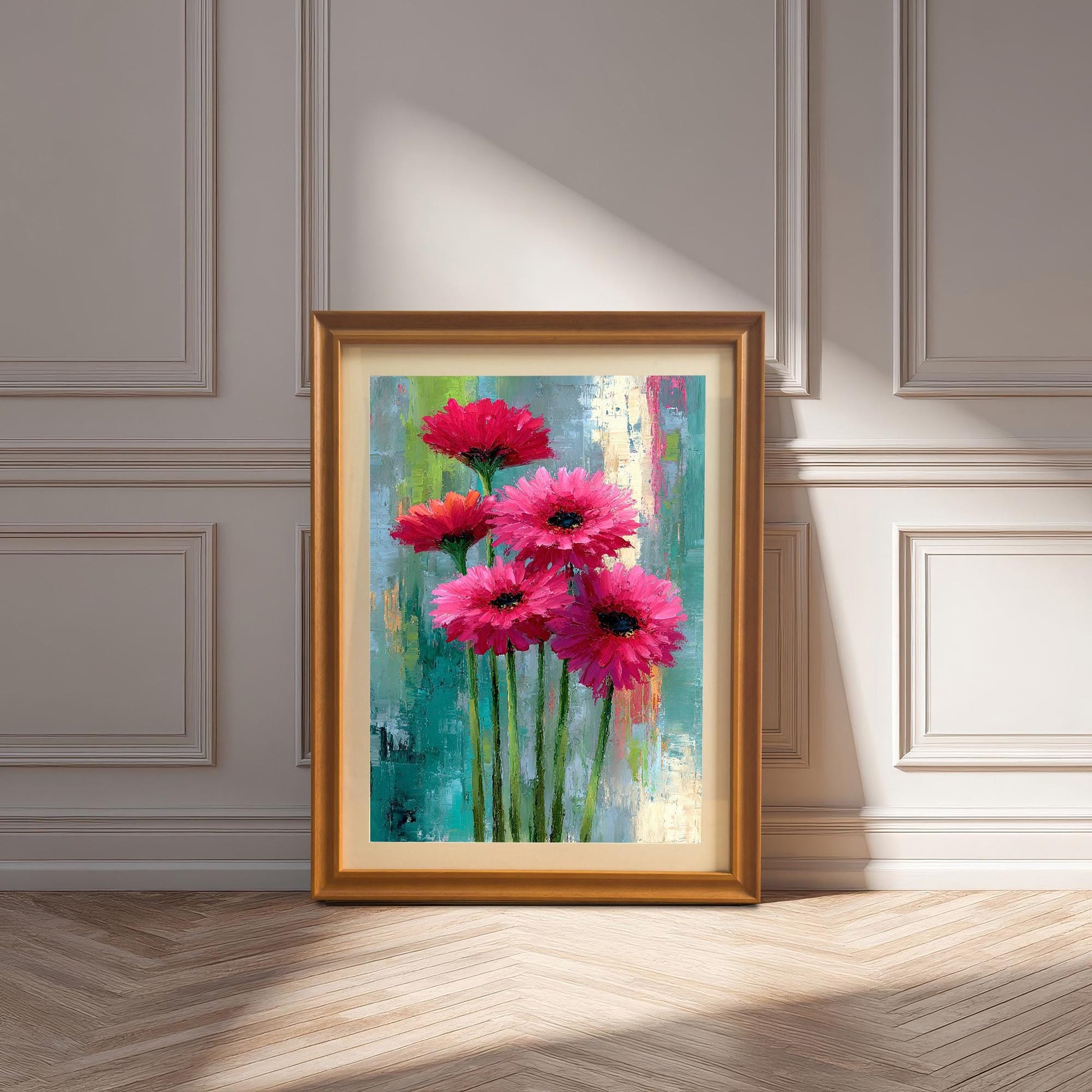 The framed floral art print with an Orange Frame (or Gold/Wood Tone Frame) and a mount (matting) leaning against a decorative paneled wall on a wood floor, with sunlight casting shadows.
