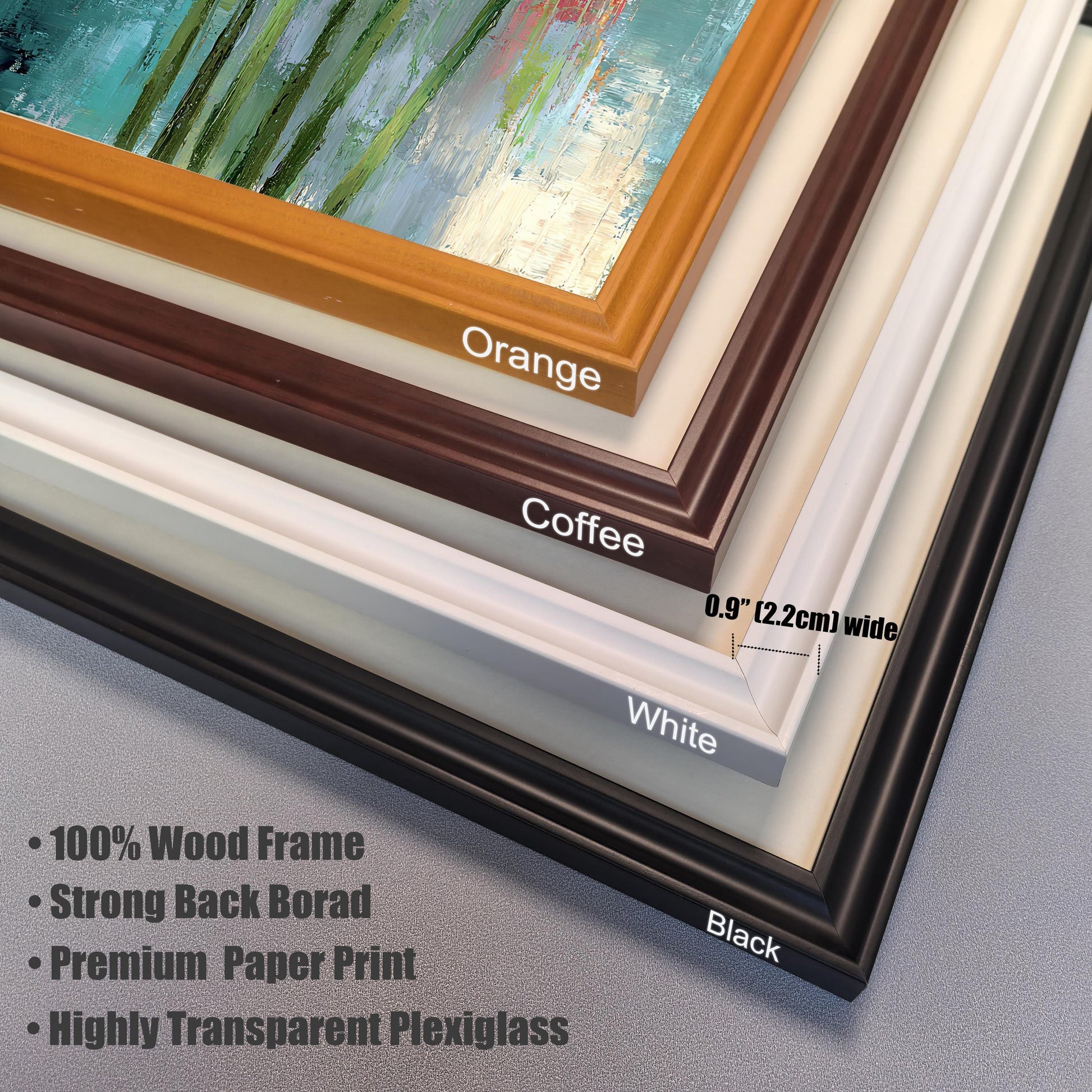 Close-up corner view of the four available frame colors: Orange, Coffee, White, and Black. Text notes: 100% Wood Frame, Premium Paper Print, Highly Transparent Plexiglass, and frame width of 0.9"" (2.2cm).