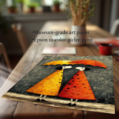 A close-up, angled shot of the umbrella couple art print on a wooden table. Text describes the print quality as Museum-grade art paper and an Epson 12-color giclee print.