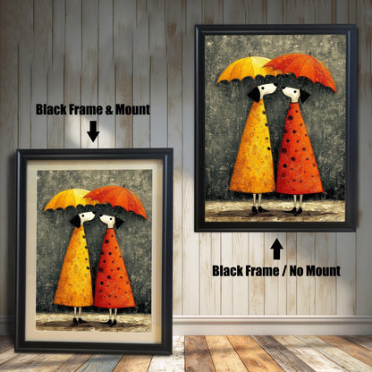 Whimsical art print featuring two stylized figures in polka dot raincoats (one yellow, one red/orange) holding a yellow and red umbrella together. Shown in two options with a Black Frame: on the left, with a Mount/Mat; on the right, with No Mount (full image).