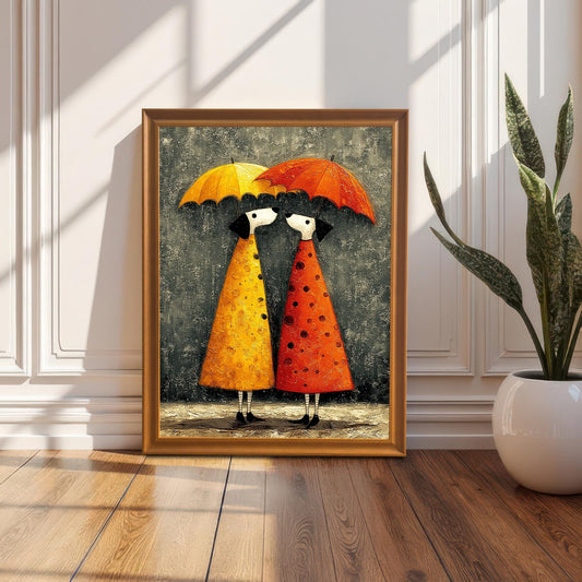 The umbrella couple art print in an Orange/Gold/Wood Tone frame with a mat/mount, resting on a wooden floor against a white wainscoting wall next to a potted snake plant.