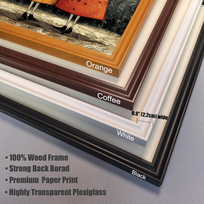 A close-up view of four different Wood Frame colors stacked at the corner: Orange, Coffee (Dark Brown), White, and Black. Text details the frame width is 0.9"" (2.2cm) wide and product features: 100% Wood Frame, Strong Back Board, Premium Paper Print, and Highly Transparent Plexiglass.