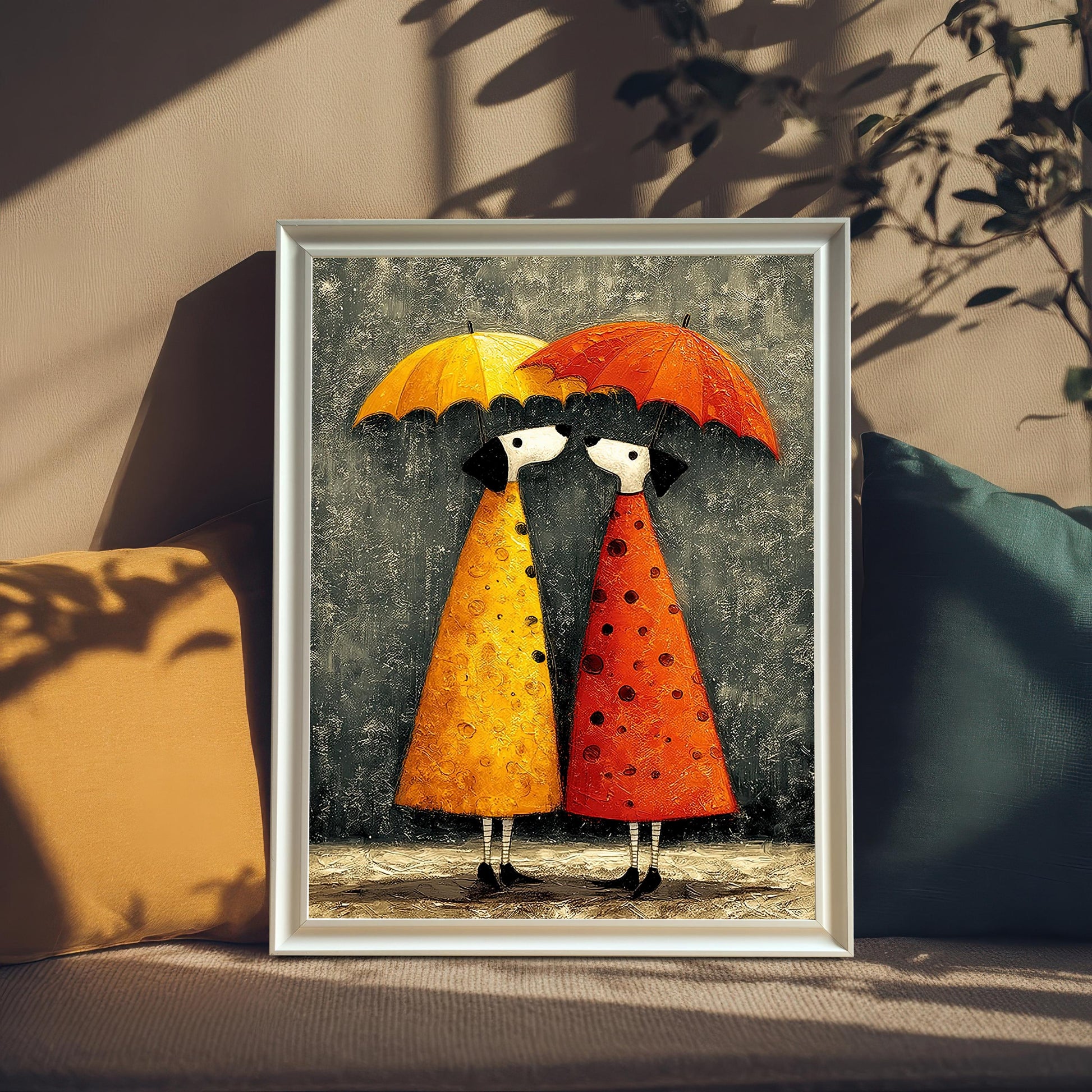 Whimsical art print of two figures in yellow and red polka dot raincoats sharing yellow and red umbrellas, framed in white. The print leans on a sofa between a yellow and a dark teal pillow. Sunlight casts plant shadows on the background.