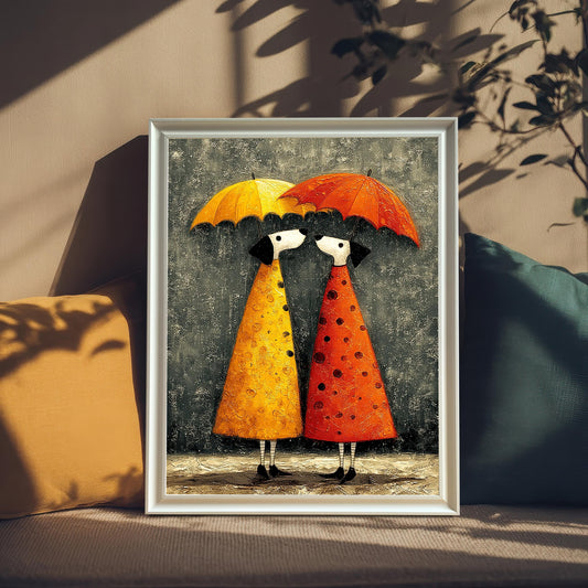 Whimsical art print of two figures in yellow and red polka dot raincoats sharing yellow and red umbrellas, framed in white. The print leans on a sofa between a yellow and a dark teal pillow. Sunlight casts plant shadows on the background.