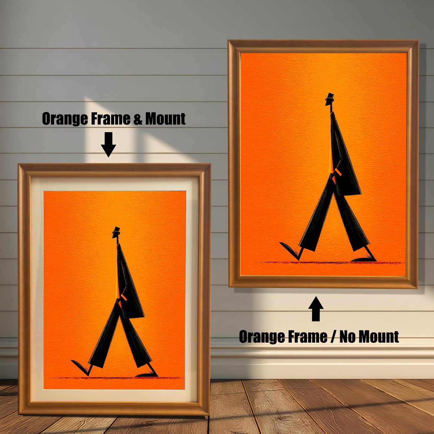 Minimalist walking figure art print shown in two variations with an Orange Frame: on the left, with a Mount/Mat; on the right, with No Mount (full image). Both are against a light wood-paneled wall.
