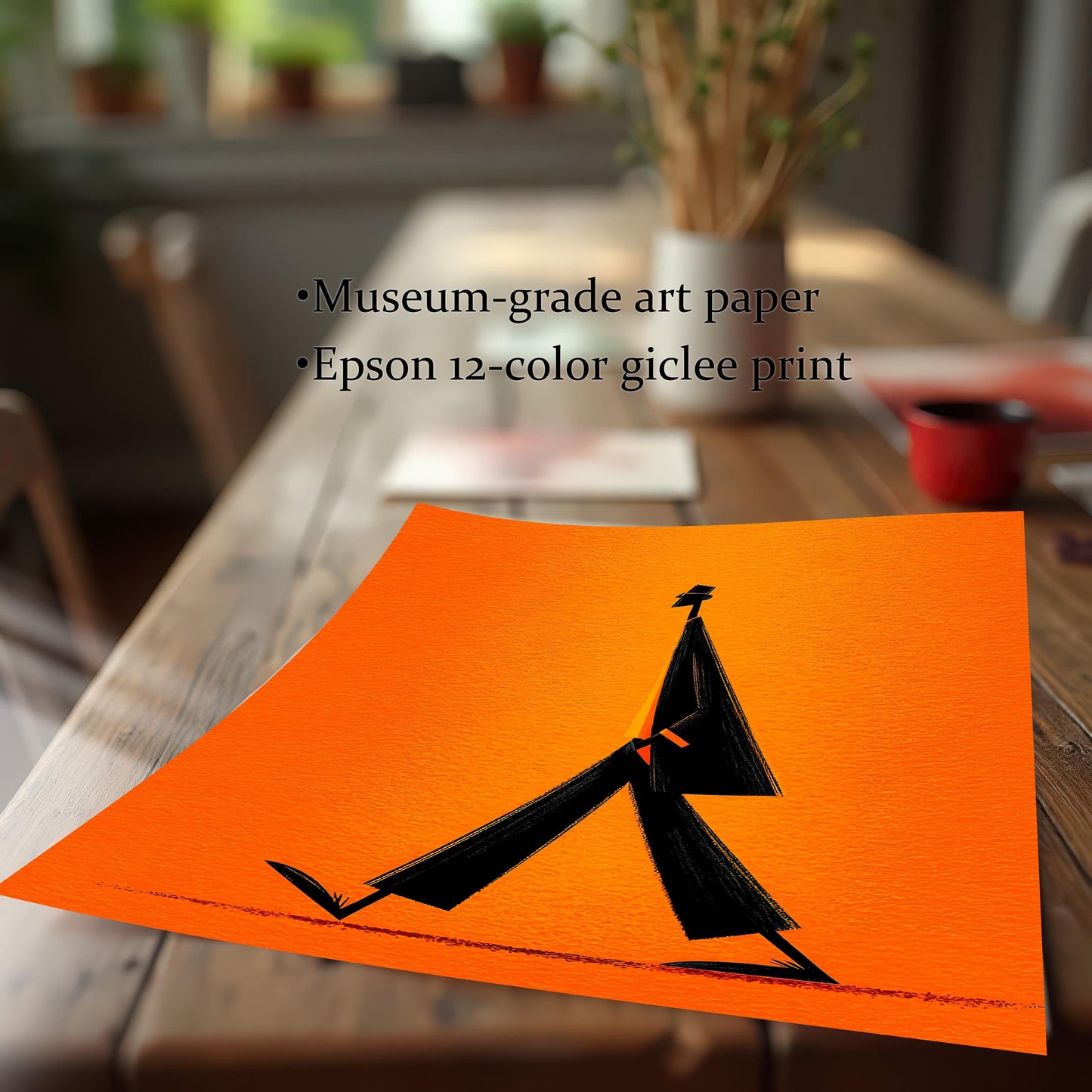 A close-up, angled shot of the minimalist art print (black figure on orange background) on a wooden table. Text describes the quality as Museum-grade art paper and an Epson 12-color giclee print.