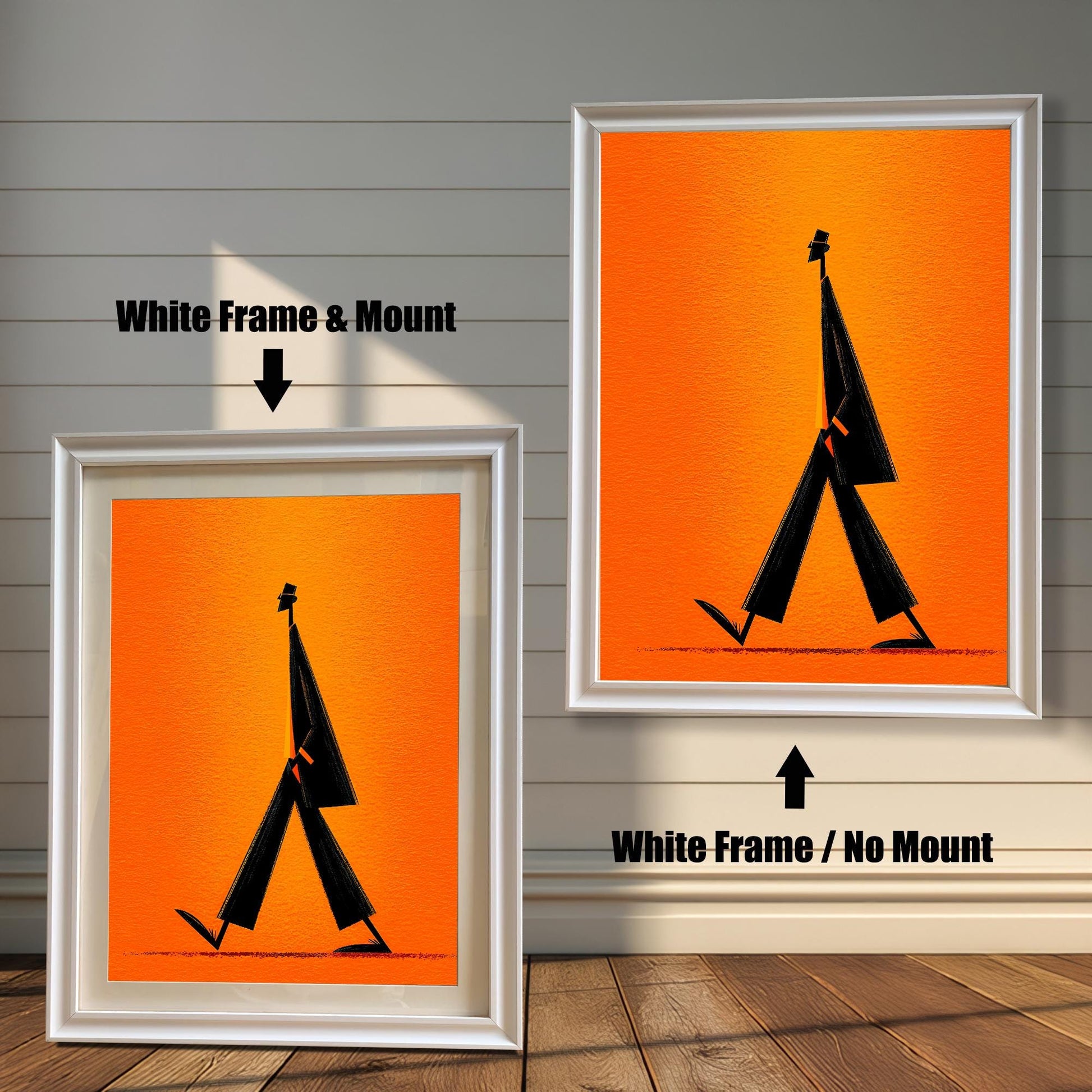 Minimalist walking figure art print shown in two variations with a White Frame: on the left, with a Mount/Mat; on the right, with No Mount (full image). Both are against a light wood-paneled wall.