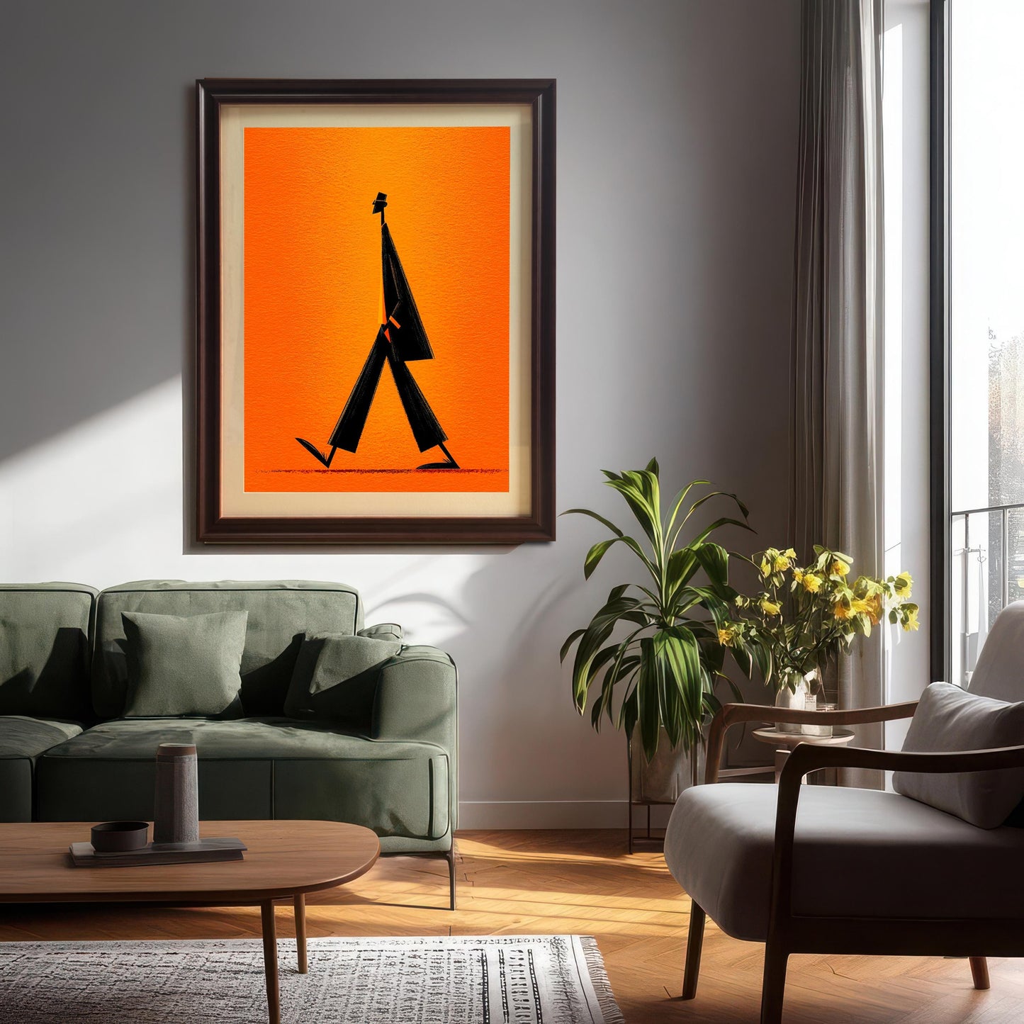 A large minimalist art print with a black walking figure on an orange background, framed in Coffee (Dark Brown), hanging above a green sofa in a modern living room.