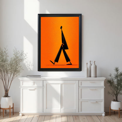 A large minimalist art print with a black walking figure on a vibrant orange background, framed in black, hanging above a white console table. The scene includes bright natural light, white vases, and potted plants.