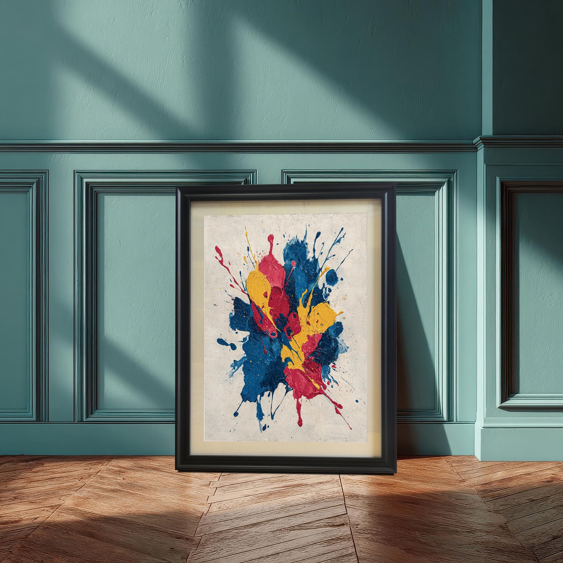 Abstract paint splatter art print framed in Black with a white Mount/Mat, resting on a wooden floor against a teal/dark green wall with decorative trim.