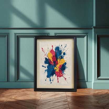 Abstract paint splatter art print framed in Black with a white Mount/Mat, resting on a wooden floor against a teal/dark green wall with decorative trim.