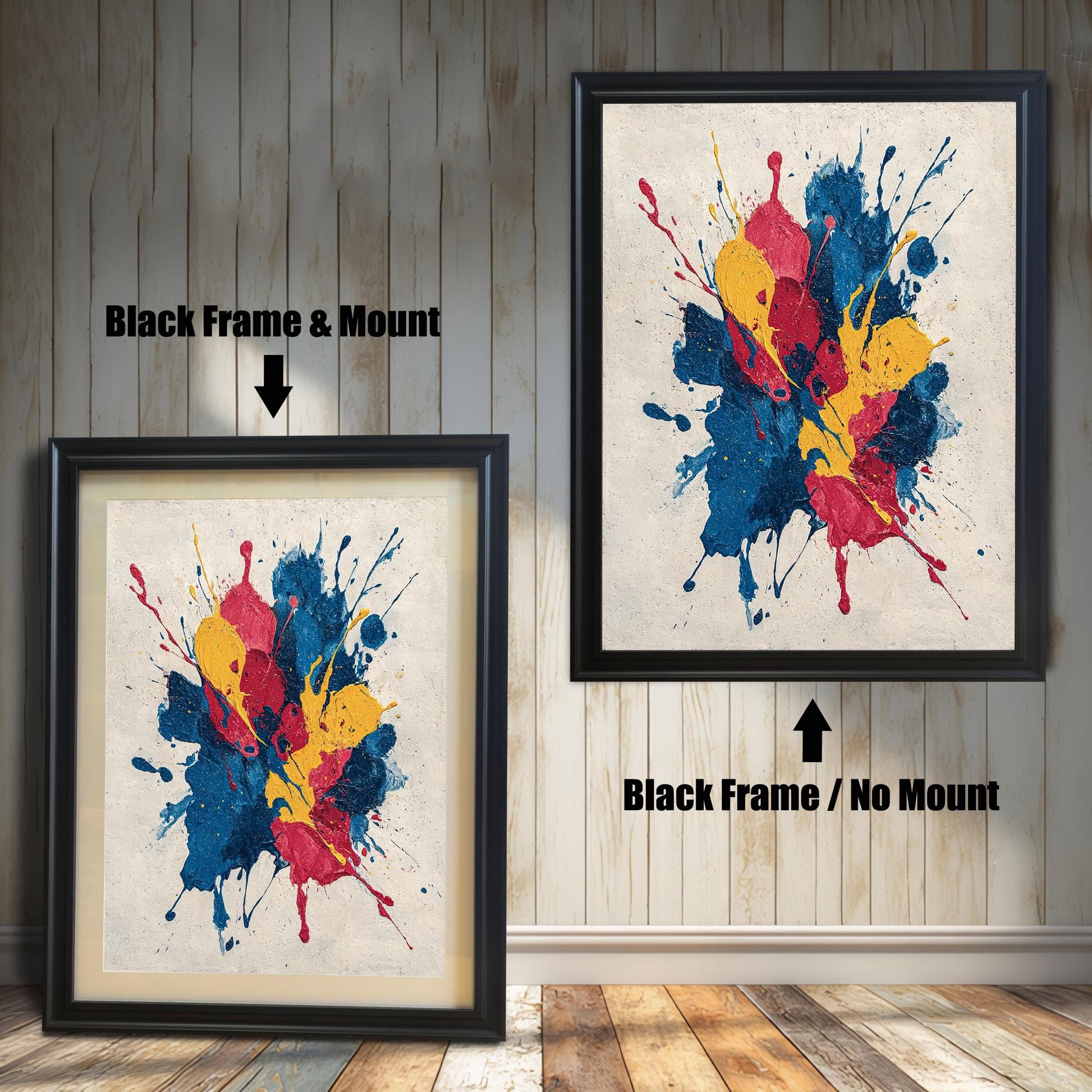 Abstract art print featuring large splatters of primary colors (blue, red, yellow) on a textured background. It is shown in two options with a Black Frame: on the left, with a Mount/Mat; on the right, with No Mount